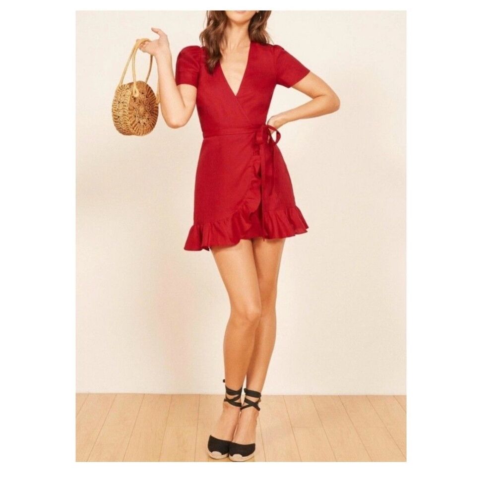Reformation Sally Red Linen Ruffled Wrap Mini Dress, Size M